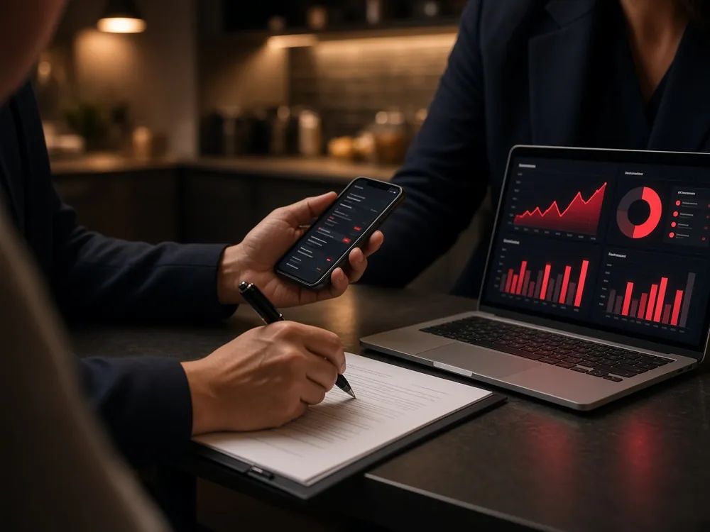 An agent signs paperwork while a laptop shows a dashboard of business insights