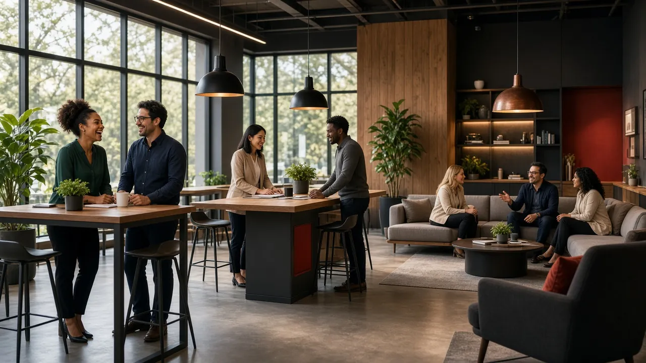 A bright, modern real estate office with agents collaborating at tables and clients in a lounge