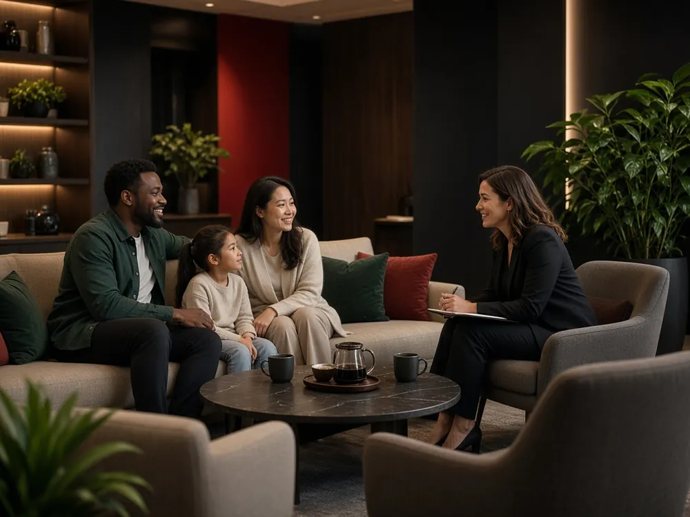 An agent meets with a smiling young family in a warm, modern client lounge