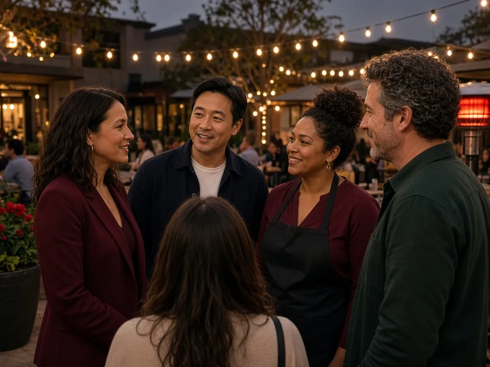 Agents talking together at an evening community mixer
