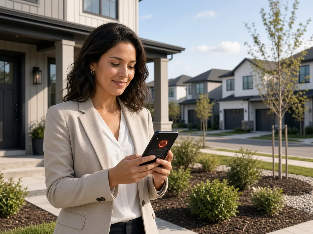An agent outside a new-construction home checks a notification on her phone