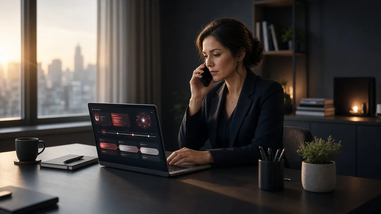 An agent works at a sleek desk at sunrise, her laptop showing an AI assistant dashboard